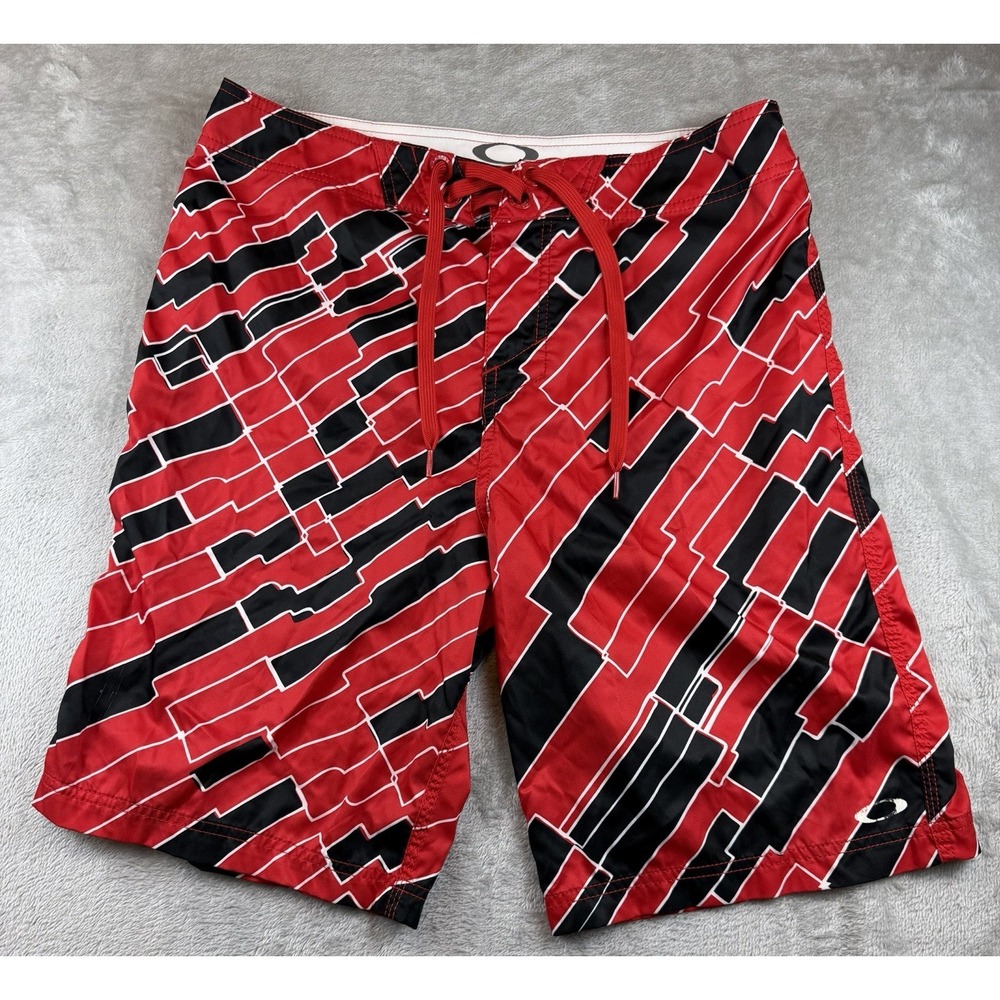 Oakley Board Shorts Mens 34 Swim Trunks Geometric‎ Red Black Beach Y2K 00s Surf